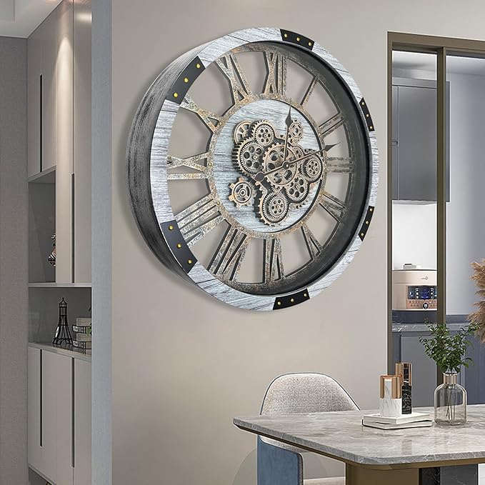 DORBOKER 24" Large Wall Clock with Moving Gears,Oversize Vintage Industrial Rustic Farmhouse Clocks for Living Room Decor Office Home,Solid Wood HD Tempered Glass Cover,Silver Grey