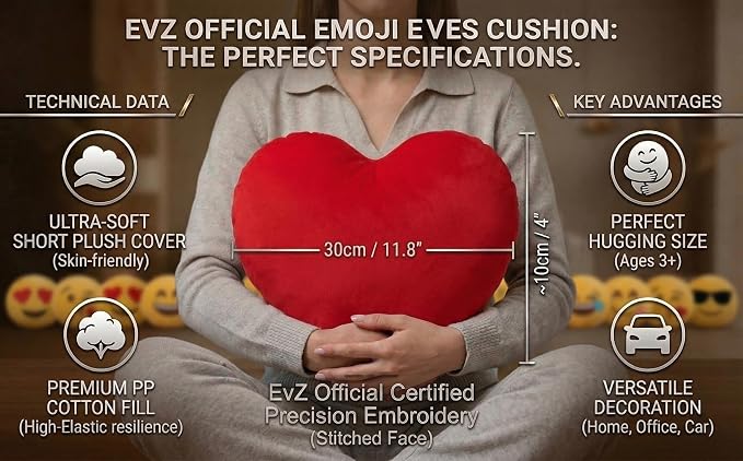 EvZ Official Certified Heart Emoji Pillow - 31cm Large Soft Plush Solid Red Heart-Shaped Emoticon Cushion - Official Emoji Licensed Romantic Gift for Valentine's Day, Anniversary & Wedding (Red)