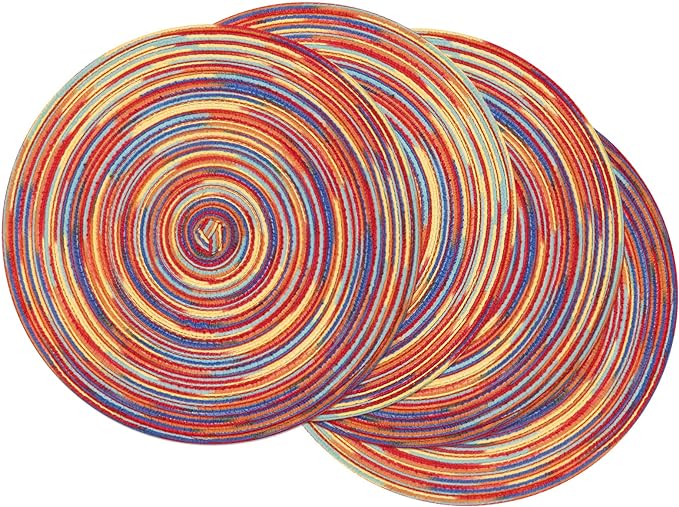 SHACOS Round Braided Placemats Set of 4 Variegated Colorful Placemats for Dining Tables Holiday Party Decor (Rainbow Red, 4)