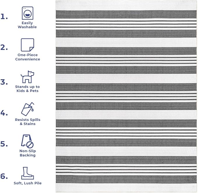 nuLOOM Lena Machine Washable Striped Ultra Thin Area Rug, 6' x 9', Grey