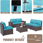 Patio Furniture Set Sofa 6-Piece Wicker PE Rattan Sectional Sofa Set, Outdoor Furniture Patio Conversation Sofa Set with Glass Coffee Table, Blue