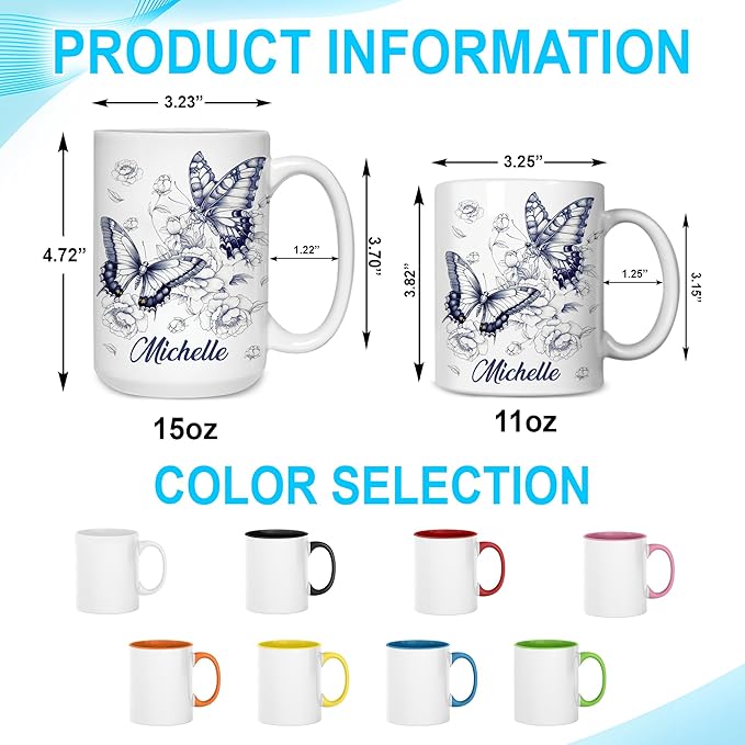 Hyturtle Personalized Blue Butterfly Mug - Butterfly Gifts For Women Lovers - Animal Gift For Bird Lover Her - Bird Gifts For Mom on Mother Day - Custom Name Coffee Cup Ceramic Mug 11 Oz 15 Oz