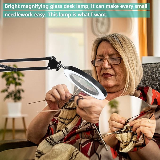 HITTI 5X Magnifying Glass with Light with Clamp, 3 Color Modes Stepless Dimmable Magnifying Lamp, 72 LEDs Real Glass Lens Magnifier with Light and Stand for Close Work Craft Hobby Reading Workbench