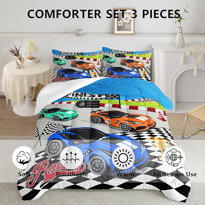 Axolotl Racing Car Bedding Set Twin,Cool Speed Race Car Down Comforter for Kids Boys Girls Teens,Racing Car Comforter Set Car Theme with Three Cars Arrive at Finish,1 Comforter and 2 Pillowcases