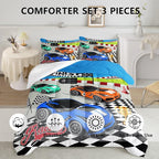 Axolotl Racing Car Bedding Set Queen,Cool Speed Race Car Down Comforter for Kids Boys Girls Teens,Racing Car Comforter Set Car Theme with Three Cars Arrive at Finish,1 Comforter and 2 Pillowcases