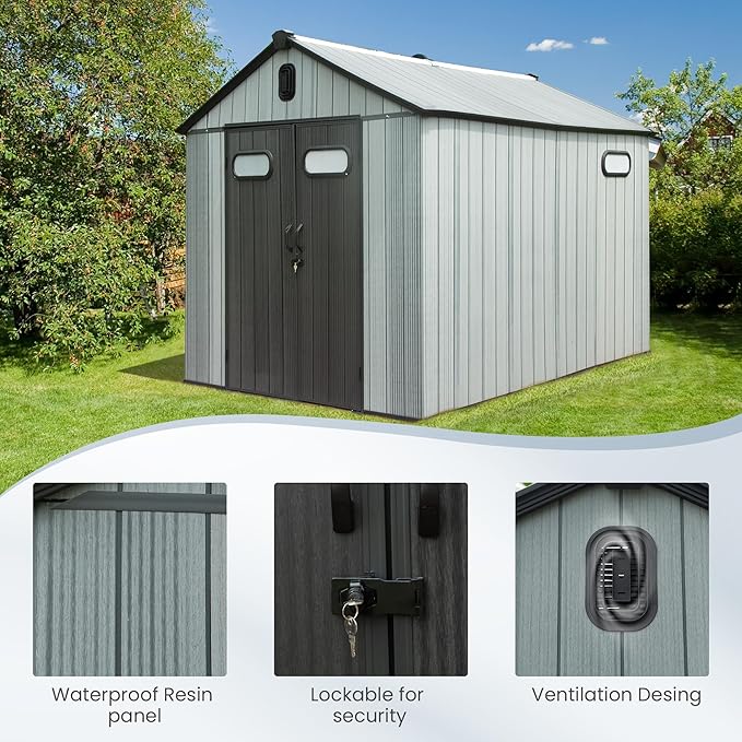 Domi 8x10 FT Outdoor Resin Storage Shed, All-Weather Double-Wall Garden Shed for Backyard, Lawn Tools, Bike, Mower & Pool Equipment with Lockable Doors, Ventilated Roof, Grey