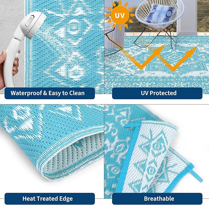 GAOMON Outdoor Rugs 8x10 Waterproof Reversible Outdoor Plastic Straw Rug, Large Patio Rugs UV-Resistant Portable RV Camping Mats, Vintage Boho Carpet for Deck Porch Garden, Light Blue & White
