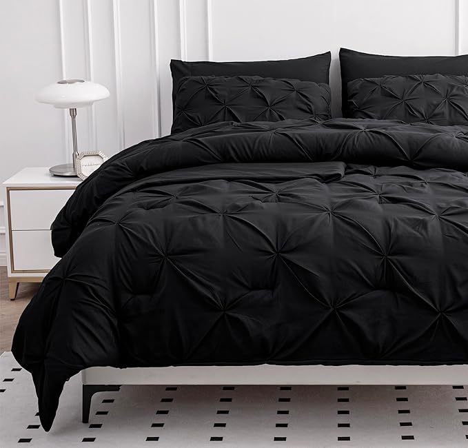LANE LINEN King Size Comforter Set with Sheets, Complete 7 Piece King Comforter Set, Pintuck King Size Bedding Set, Soft King Size Bed in a Bag Set, Premium King Bed Set, Pillowcases & Shams - Black