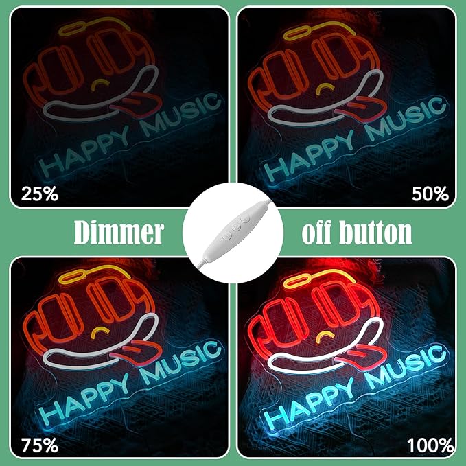 Headphone Neon Sign Dimmable Led Happy Music Neon Light for Wall Decor USB Cute Headset Figure Neon Light Sign for Music Studio Bar Live Music Party Bedroom