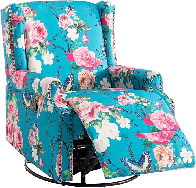 UIXE Swivel Rocker Manual Recliner Chair, Wingback Swivel Glider Fabric Nursery Reclining Sofa Chair, High Back Upholstered Arm Chair for Living Room Bedroom - Peacock Blue