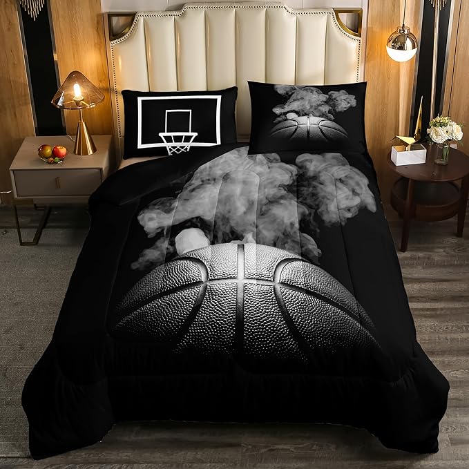 Erosebridal Basketball Comforter Set for Boys Teen King Size Sports Basketball Bedding Set Basketball Room Decor Reversible Black Down Comforter Grey Hippie Smoke Quilt Duvet Insert 2 Pillow Case