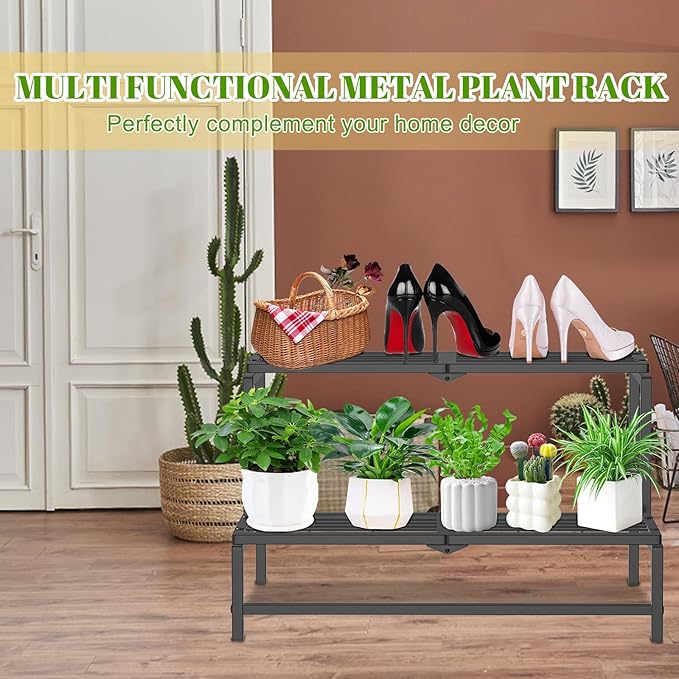 2 Tier Plant Stand Indoor Outdoor, Heavy Duty Metal Tall Plant Shelf for Multiple Flower Planter Holder, Ladder Pot Display Rack for Patio Garden Corner Balcony Living Room (Black)