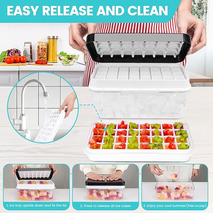 Ice Trays for Freezer with Lid & Bin, Ice Cube Tray Making 64 pcs Ice Cubes, Easy Press to Release Ice, Ice Tray with Storage Bin Chilling Cocktail Whiskey Coffee 2 Trays 1 Ice Bucket & Scoop (Black)