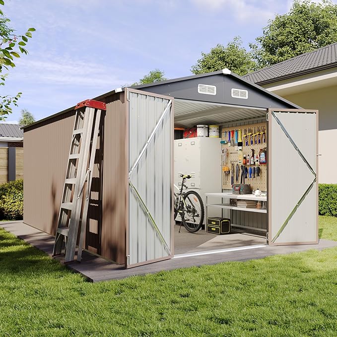 Aoxun 8'x15' Outdoor Metal Storage Shed with Lockable Door & Sloping Roof- Ideal for Tools, Garden Equipment & Bikes, Perfect for Patio Placement(Brown)