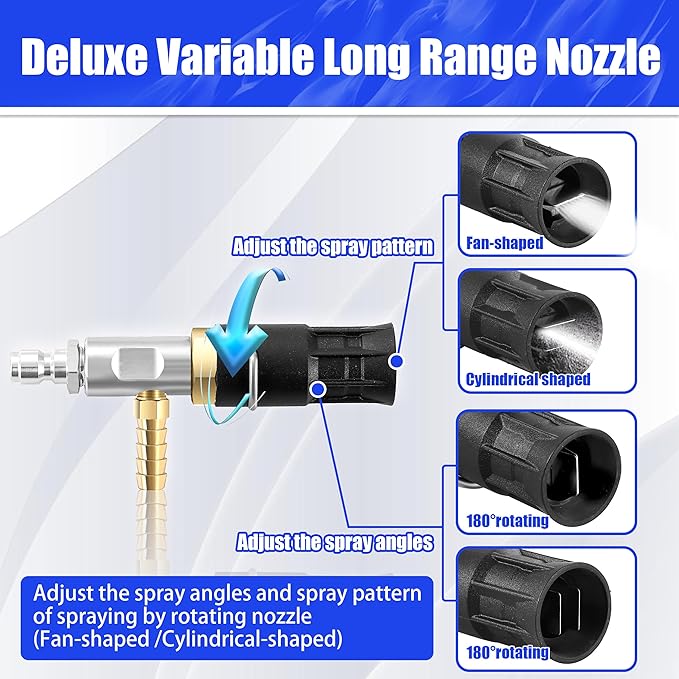 Adjustable Long Range Nozzle for Pressure Washer 4-4.5 GPM, Downstream Injection Spray Nozzle Kit, High Power Washing External Chemical Injector with 1/4” Quick Connect, 2500 to 4000 PSI