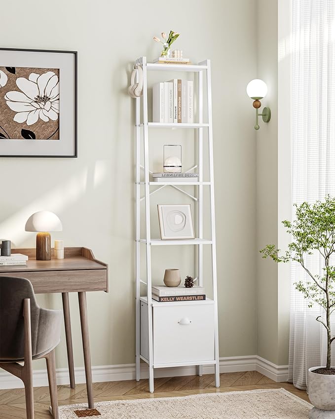 Narrow Bookshelf Bookcase with Drawer, Ladder Shelf with 2 Hooks, Bookshelves Storage Organizer, Freestanding Display Standing for Home Office, Bedroom, 6 Tier White BC19613W