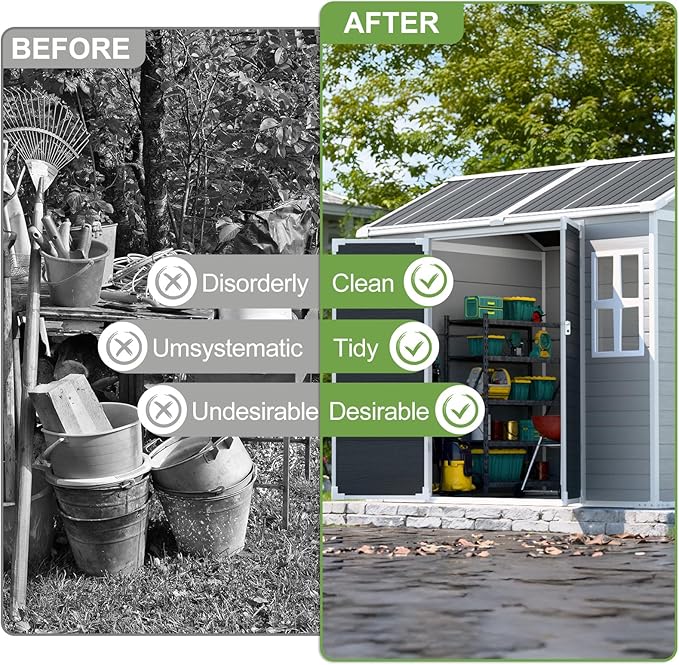 8x6x7 FT Resin Storage Shed, Waterproof Outdoor Shed w/Floor Included, 2 Windows, Double Lockable Doors & Vents,Outside Plastic Tool Sheds for Garden, Lawn, Backyard, Dove Grey