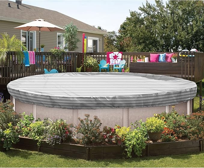 ECOOPTS 18 ft Round Pool Cover for Above Ground Pools, Swimming Pool Cover Protector Winter Safety Cover (Gray White Stripes)