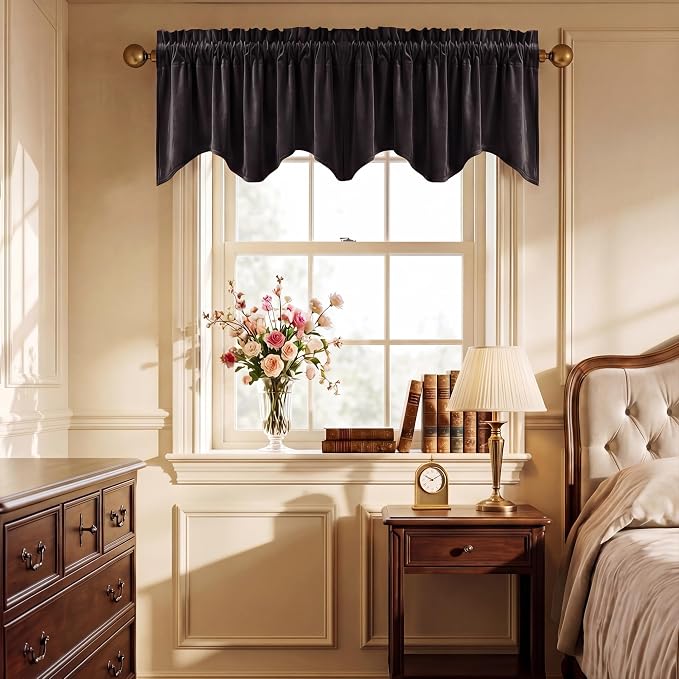 Black Scalloped Valance 52x18 Inch 1 Panel | Heavy Velvet Wavy Blackout Valance for Kitchen, Room Darkening Short Window Curtains for Basement, Living Room