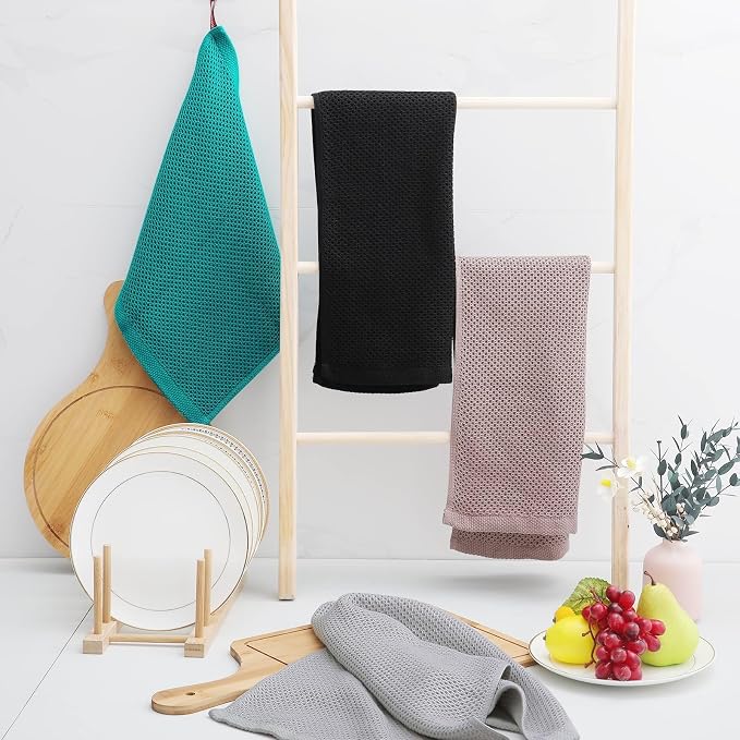 Homaxy 100% Cotton Waffle Weave Kitchen Dish Towels 12-Pack, Black | 13 x 28 Inches, Ultra Soft Absorbent Dish Towels, Quick Drying Cleaning Towels