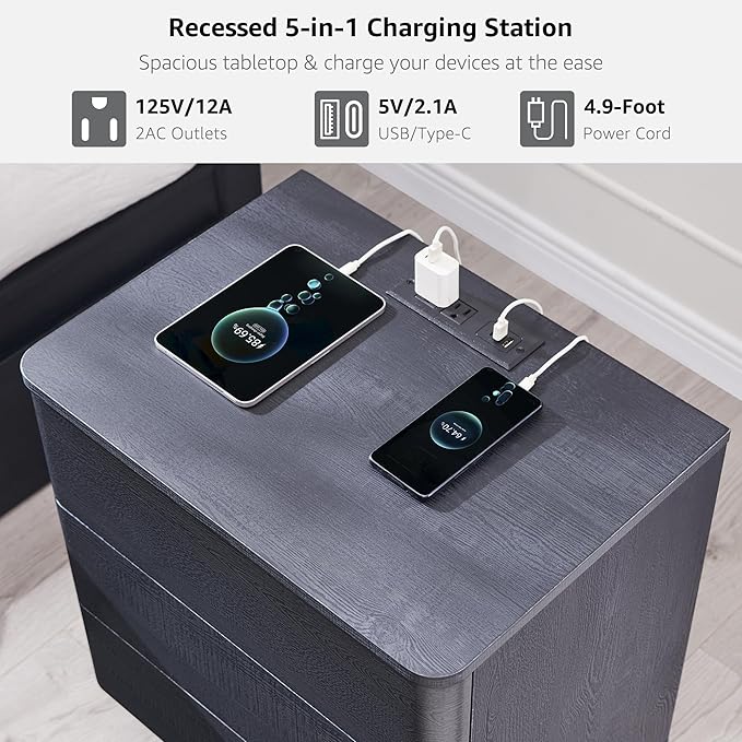 JXQTLINGMU 22" Modern Nightstand with Charging Station, Large Push-to-Open End Table, Wood Bedside Table w/Curved Profile Design, Handleless 3 Drawer Night Stand for Bedroom, Living Room, Black
