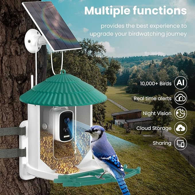 Bird Feeders for Outdoors, Smart Bird Feeder with Camera Solar Powered, AI Species Identification, 3K Video Live Stream Camera, 5Mp HD Night Vision, Instant Arrival Alerts