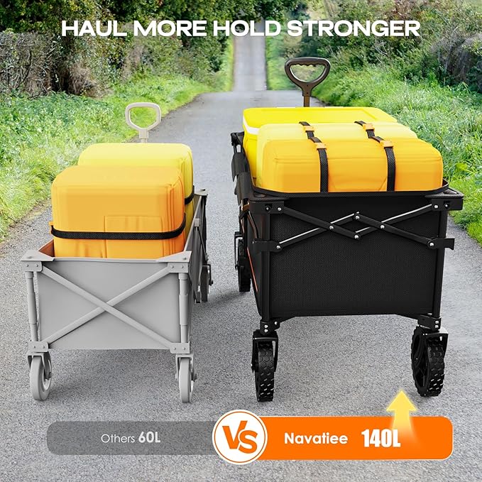 Navatiee 140L Collapsible Folding Wagon, Large Capacity Foldable Wagon with Silent All-Terrain Wheels, Utility Grocery Cart for Camping Shopping Outdoor, Black