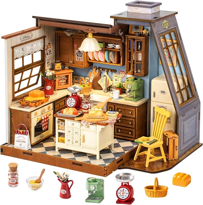 Rolife DIY Dollhouse Miniature House Kit 1:18 Scale Baking Kictchen with Pitched Roof Window, Diorama Tiny House Building Kit Crafts for Adults Home Decor Gift for Women Men Her