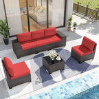Patio Furniture Set Sofa 6-Piece Wicker PE Rattan Sectional Sofa Set, Outdoor Furniture Patio Conversation Set with Glass Coffee Table and Cushions, Red