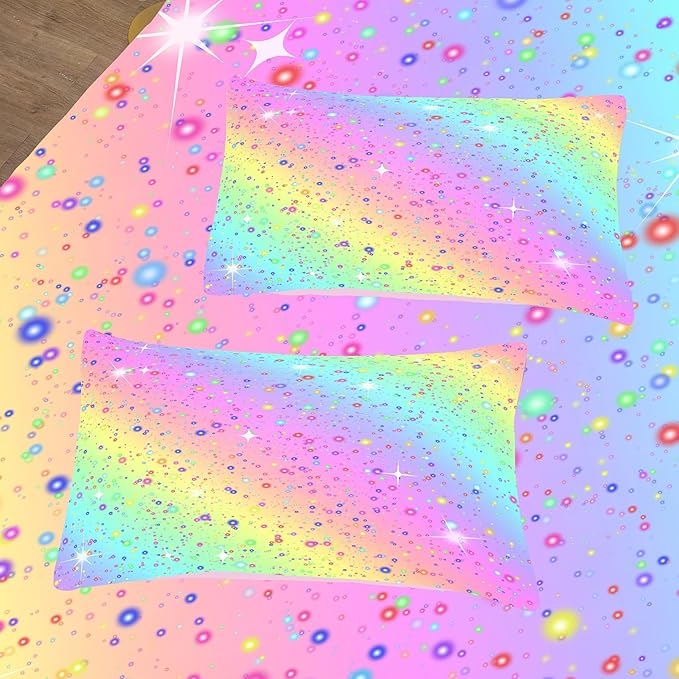 Girls Comforter Set Queen, Rainbow Bedding Set, Galaxy Twinkle Bedding for Kids Teens, Colorful Pastel Bedding Set, 5 pcs Bed in A Bag Queen, Kids Princess Bedding Set for Girls