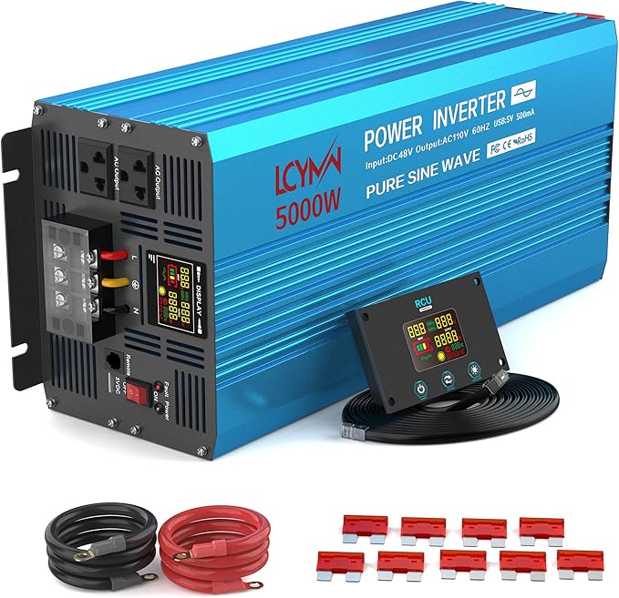 Power Inverter 5000 Watt Pure Sine Wave 48V DC to 110V/120V AC 10000W Peak Converter for Family RV Solar System with 2 AC Outlets LCD Display Remote Control 0.5A USB Charging Port and Wiring Terminal