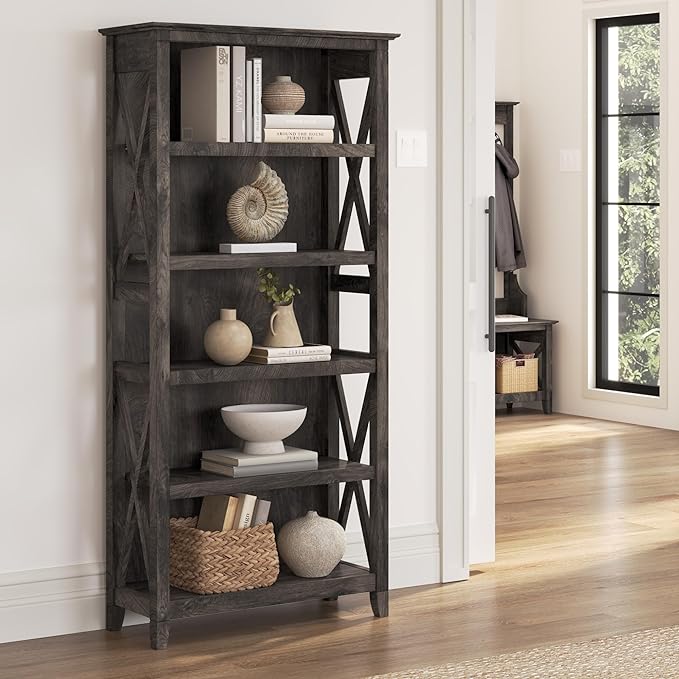 Bush Furniture Key West Tall 5 Shelf Bookcase in Dark Gray Hickory