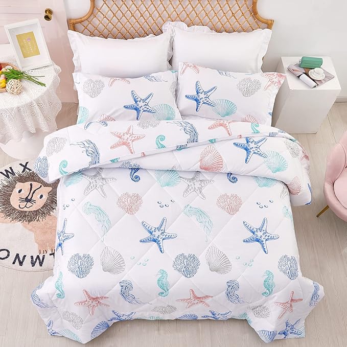 JSD 3 Piece Queen Beach Theme Kids Comforter Set, Jellyfish Starfish Shell Printed Comforter with Pillow Sham, Soft Comfortable Machine Washable