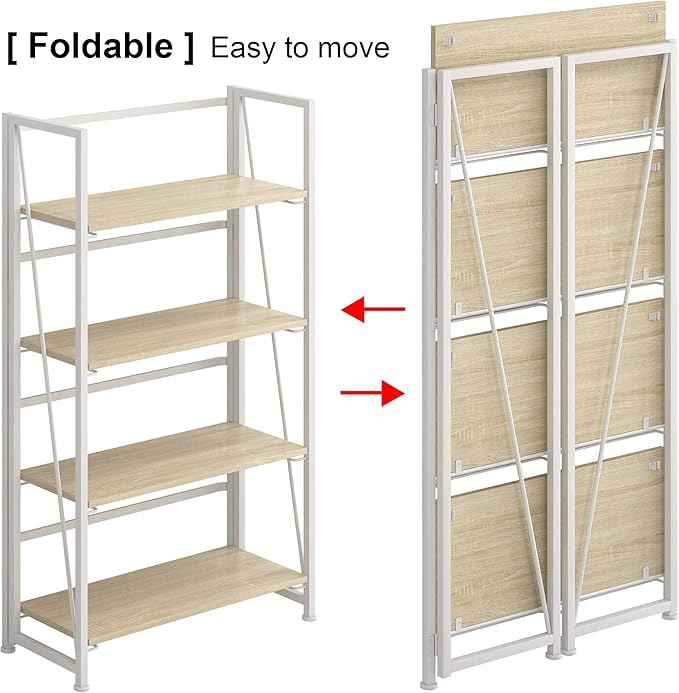 4NM No-Assembly Folding Bookshelf Storage Shelves 4 Tiers Vintage Bookcase Standing Racks Study Organizer Home Office (Natural and White)