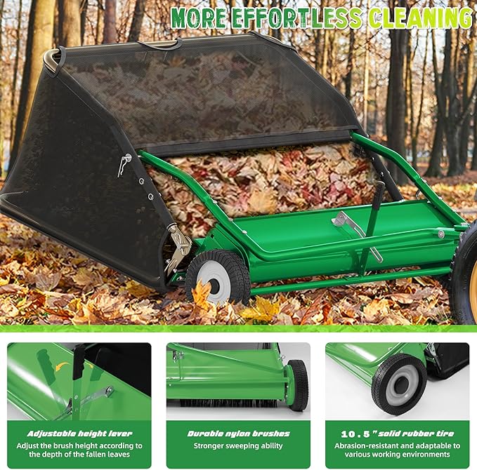 42" Lawn Sweeper Tow Behind, Grass Sweeper Tow Behind with 18.55 cu. ft Large Hopper, Heavy Duty Leaf & Grass Collector, Adjustable Brush Height Lever and Dumping Rope, Lawn and Yard Cleanup Tool