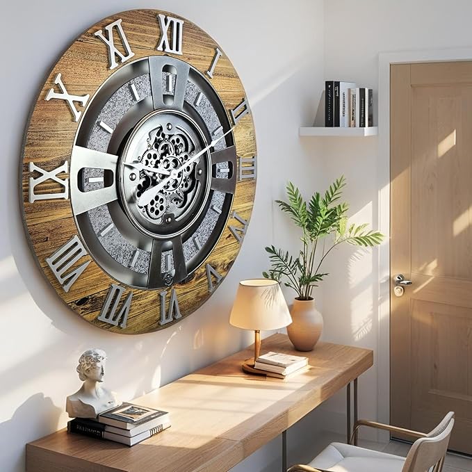 The Gears Clock Real Moving Gear Wall Clock England Line (Wood & Stone, 24 inches (60 cm))