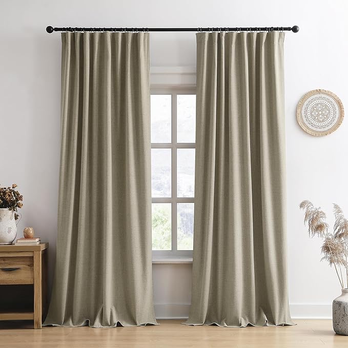 RAIN CITY Blackout Linen Blend Curtains 96 Inches Long 2 Panels, Black Out Drapes for Bedroom Living Room, Back Tab and Rod Pocket,Pinch Pleat Style with Hooks, Light Taupe, 50" Wide and 96" Length