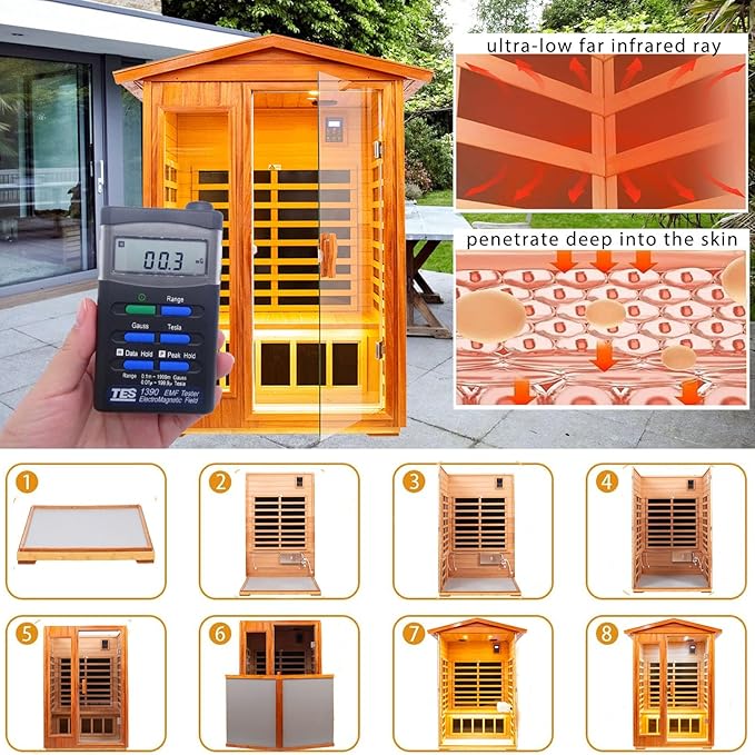 Outdoor Sauna 2 Person Infrared Sauna Far Infrared Saunas for Home 0－5 mg Low EMF Home Sauna Spa Mahogany Wood Sauna Room with Bluetooth Speakers, LED Reading Lamps, Chromotherapy Lights