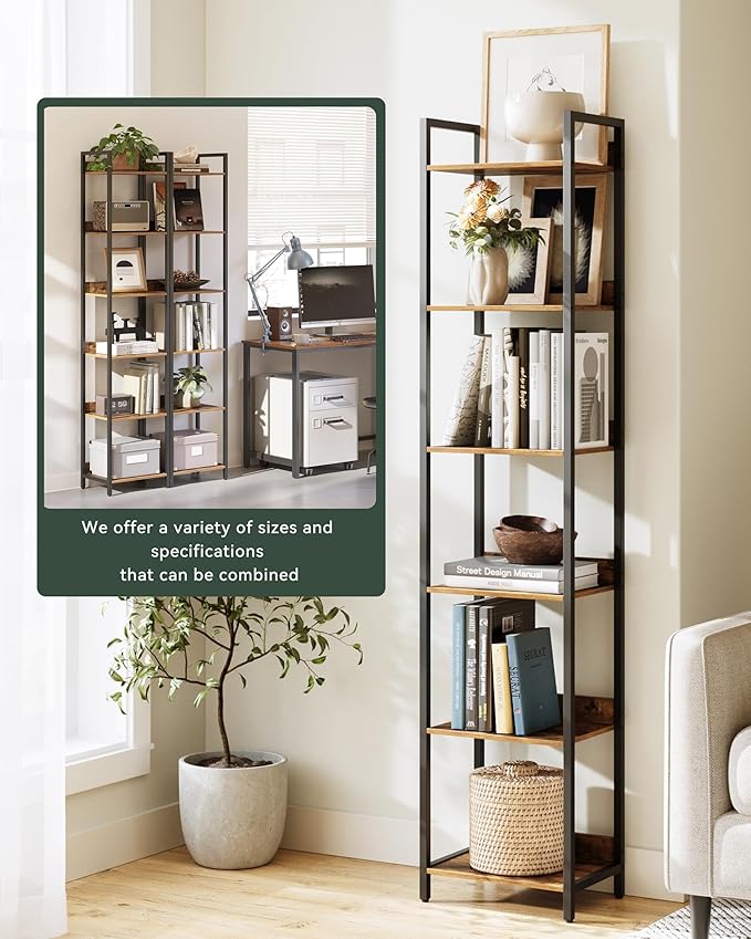 6-Tier Bookshelf, Narrow Bookcase with Open Shelves, Talll Book Shelf Coner Shelf for Living Room, Bedroom, Home Office, Study, Bathroom,11.5 x 15.7 x 72.6 Inches, Rustic Brown and Black