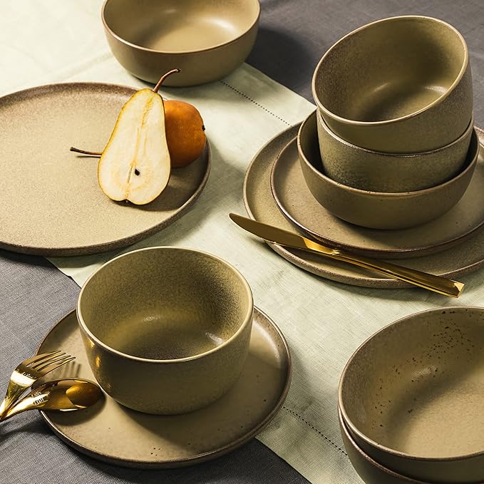 Gibson Elite James Street 16 Piece Stoneware Matte Reactive Double Bowl Dinnerware Set - Toast Cream, Service for 4 (16pcs)