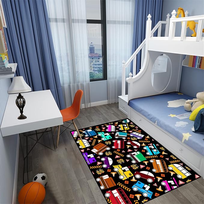Car Rug Play Mat Kids Rugs for Playroom Car Rug for Boys Room Kids Mat Construction Play Mat Car Play Rug Car Carpet for Kids Carpet for Bedroom Truck Rugs for Boys Room,Black 2'5''×4'