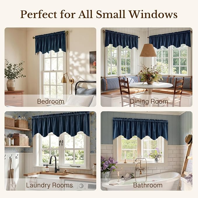 Navy Blue Valance for Windows Scalloped 52x18 Inch 1 Panel | Kitchen Valance Curtains for Small Windows, Classic Rod Pocket Window Drapes for Dining Room, Bathroom, Basement