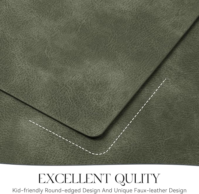 MOSAYT Vinyl Placemats Set of 12-12 X 17 Inch - Faux Leather 100% Waterproof Oil-Proof Wipeable PU Place Mats, Heat Resistant Reversible Table Mats for Kitchen, Dining, Outdoor, Olive Green
