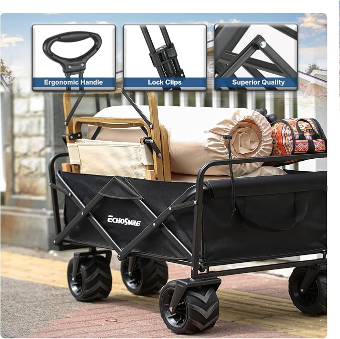 EchoSmile Heavy Duty 350 Lbs Capacity Collapsible Wagon, Outdoor Folding Camping Wagons, Grocery Portable Utility Cart, Adjustable Rolling Carts, All Terrain Sports Wagon with Big Wheels by Boahaus