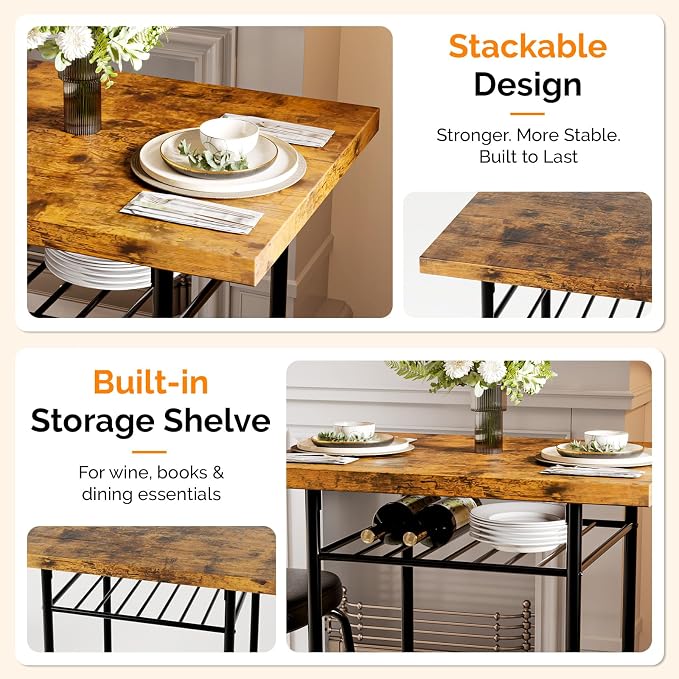 VINGLI Dining Table Set for 2, Small Kitchen Table Set with Upholstered Chairs, 3-Piece Dining Set with Storage Rack, Wood Dining Room Set with Metal Legs for Small Spaces, Living Room, Rustic Brown