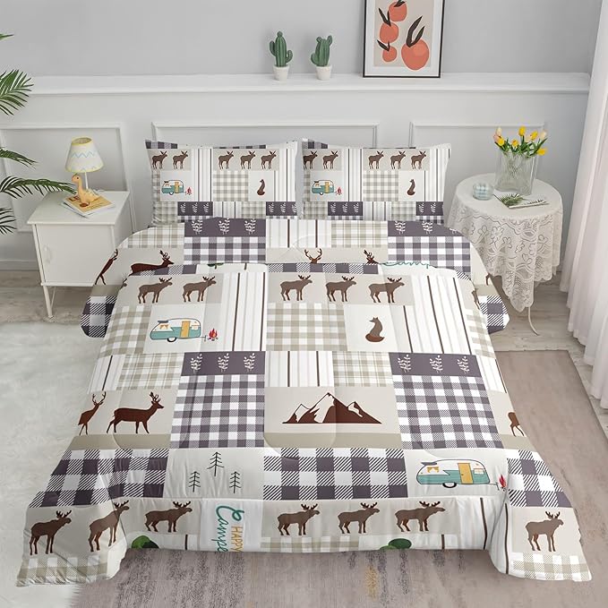 Datura home Happy Camper Comforter Set Rustic Lodge and Camper Deer Printed Quilt Bedding Set with 1 Comforter and 2 Pillowcases for Boys and Girls Bedroom All Season(Camper Full)