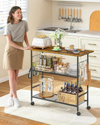 Kitchen Island with 3 Shelves, Rolling Kitchen Cart with 6 Hooks and Protective Shelf, Microwave Stand on Lockable Wheels, Bakers Rack Coffee Bar for Dining, Living Room, Outdoor, Metal Frame