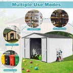 Sheds & Outdoor Storage 12 ft × 10 ft Storage Shed Large Classic Apex Roof Metal Garden Storage Sheds with Hinged Door Tool Cabinet for Backyard, Patio, Poolside, White + Gray