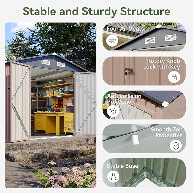 Aoxun 8'x15' Outdoor Metal Storage Shed with Lockable Door & Sloping Roof- Ideal for Tools, Garden Equipment & Bikes, Perfect for Patio Placement(Brown)