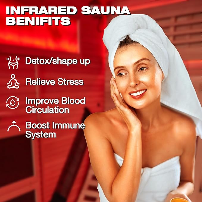 Infrared Sauna,2 Person Luxurious Indoor Sauna with Recliner, Wooden Sauna with 7-Color Starry Ceiling,9 Heating Tubes,5 Carbon Panels,2-in-1 Door Handle,Himalayan Salt Brick,220V